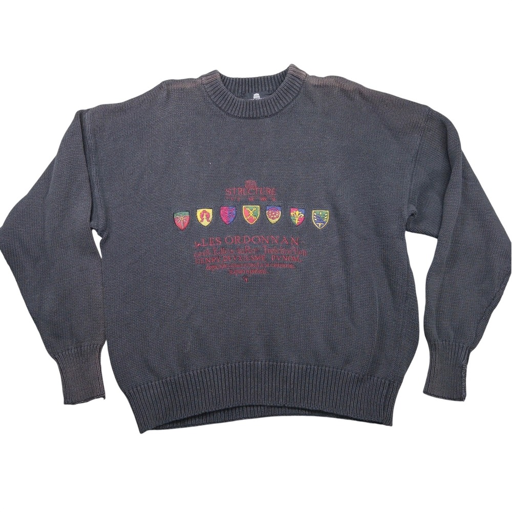 VTG Structure Sweater Mens Large Black Vintage Crest Graphic Knit Pullover Ramie